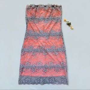Gray & Neon Orange Lace Strapless Tube Mini Dress